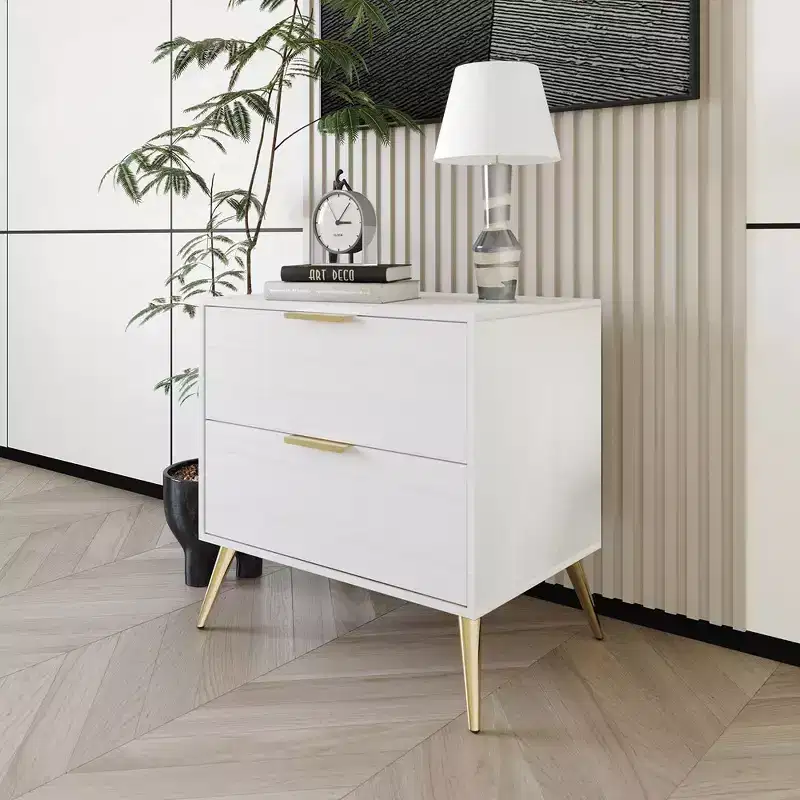 2-Drawer Nightstand with Gold Legs and Handles, Solid Wood