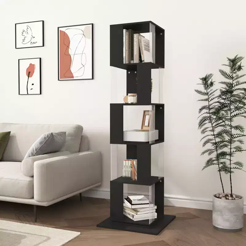 JVNOXK 360 Rotating Acrylic Modern Bookshelf, 5-Tier Floor-Standing Minimalist Bookcase, Suitable for Living Room or Bedroom, Black