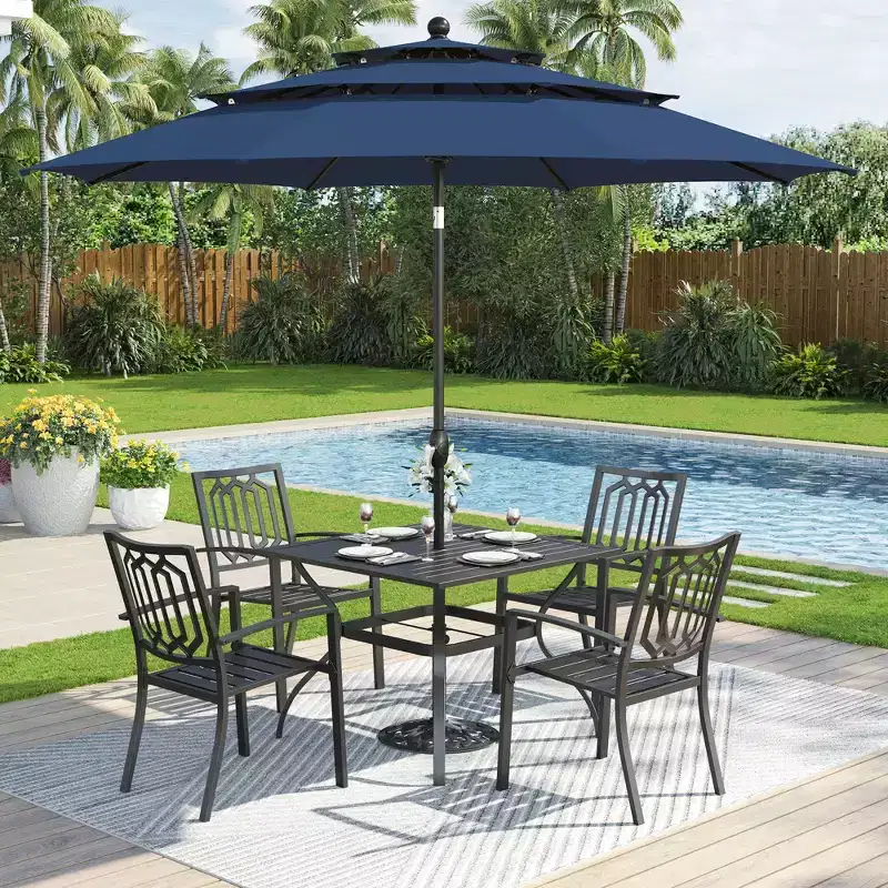 Captiva Designs 6pc Outdoor Patio Square Steel Dining Table with Stackable Metal Chairs and Market Umbrella