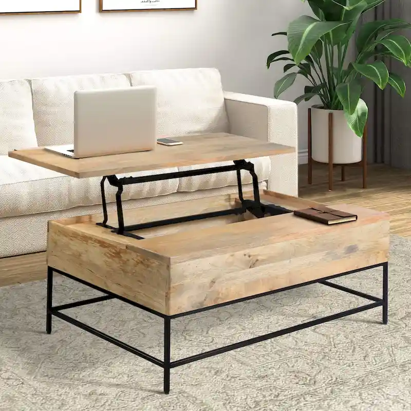 45 inch Lift Top Mango Wood Rectangular Coffee Table - Wood and Metal, Natural Brown and Black
