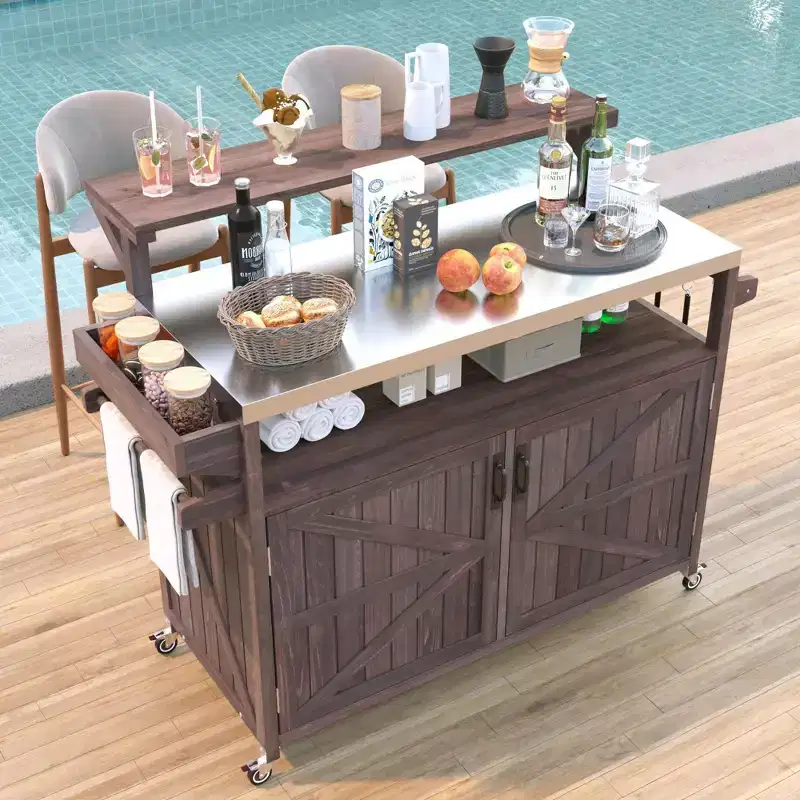 Blue/Brown Outdoor Grill Cart with Raised Shelf & Stainless Steel Top, for 1 User