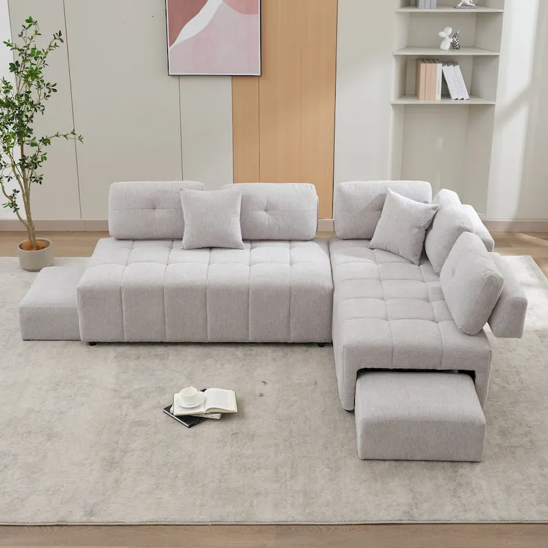 91.73 L-Shaped 4-Seat Sectional Sofa with 2 Hidden Stools, 2 Removable Lumbar Cushions, and Durable Chenille Fabric