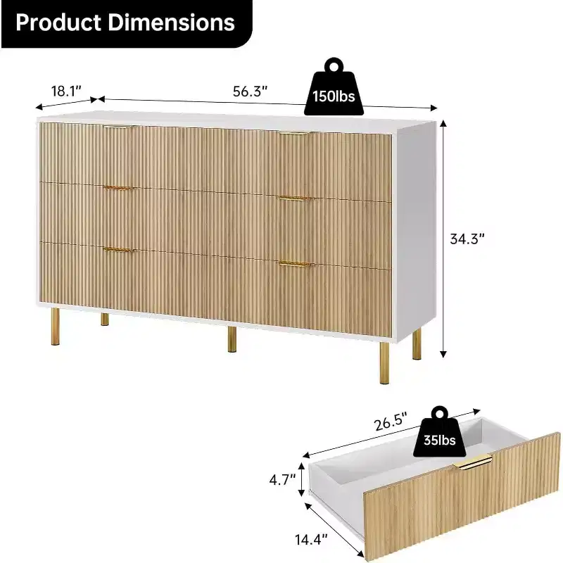 2025 New Modern 6 Drawer Dresser with Gold Handle, Wood Double Chest of Drawers and Storage Organizer for Living Room, Hallway, Entryway