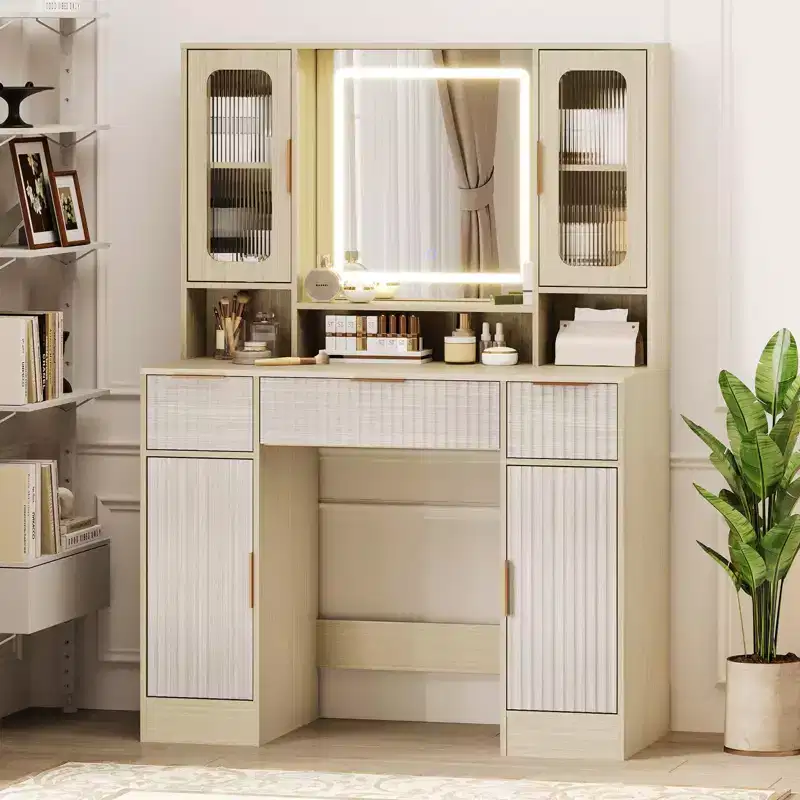 Vanity Desk with Mirror and Light, Makeup Dressing Table with 2 Glass Cabinets, 2 Large Cabinets & 3 Wavy Drawers