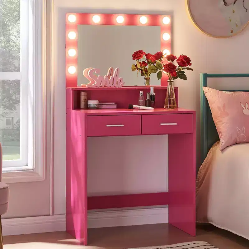 2-Tier Vanity Dresser with LED Touch Mirror & Large Drawer – Pink