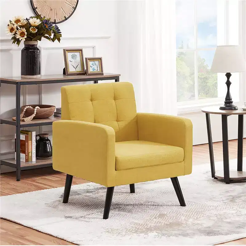 Modern Fabric Tufted Armchair with Rubberwood Legs Mid-Century Style