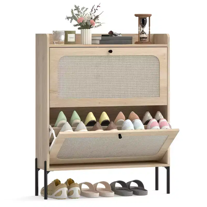 Boho Narrow Shoe Cabinet with 2 Flip Drawers, Rattan Accent & Adjustable Shelves, Oak, Holds 12-16 Pairs