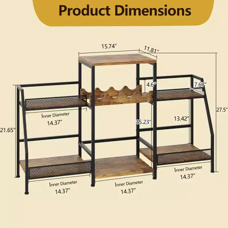 3-Tier Wine Rack Freestanding Floor for Liquor Whiskey Wine, Versatile Wine Bottle Display Stand with Fences, Vintage Brown