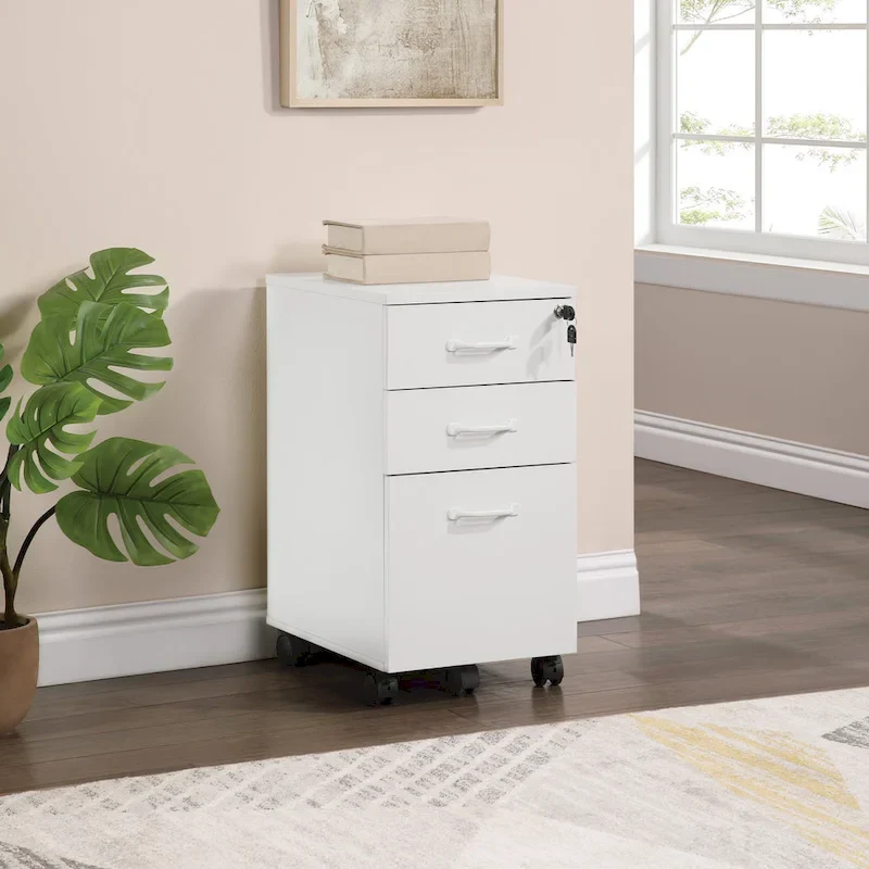 3-Drawer Mobile File Cabinet on Wheels – White, Letter Size, Locking Drawers