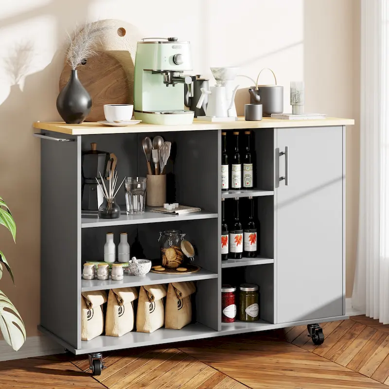 Kitchen Storage Island Cart with 6 Open Shelves and 1 Cabinet