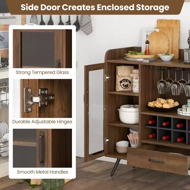 Costway Kitchen Storage Cabinet Sideboard with 3-Row Wineglass Holder Removable Rack Tempered Glass Door & Anti-Tipping Kits