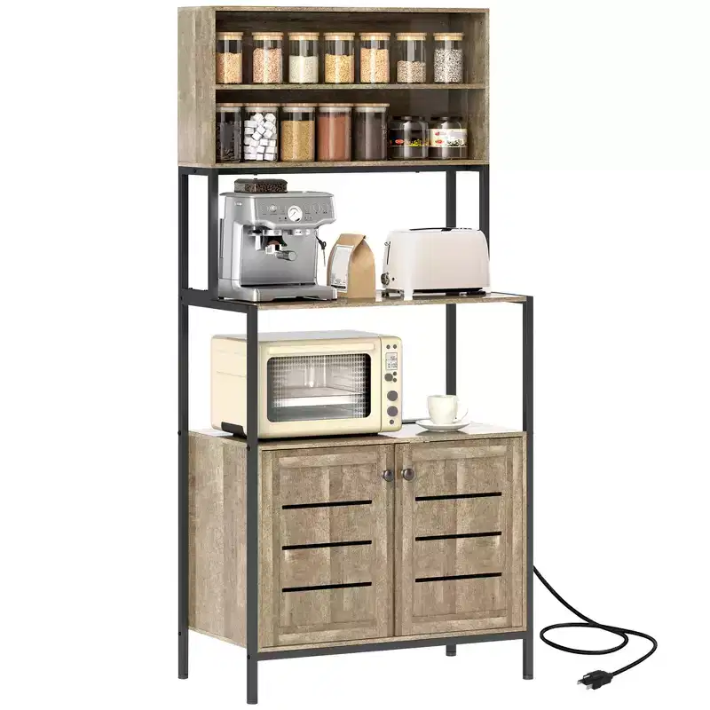 HOMCOM Baker's Rack with Power Outlet, Coffee Bar Cabinet with Storage Shelves, Microwave Stand with Louvred Door Cabinets, Gray Wood Grain