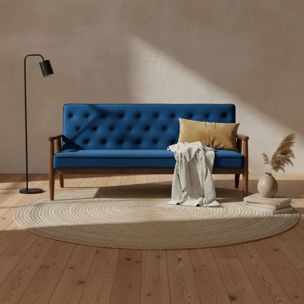 Velvet Upholstered Wooden 3 Seater Sofa Navy Blue/Brown - Danish Design, Rubberwood Frame