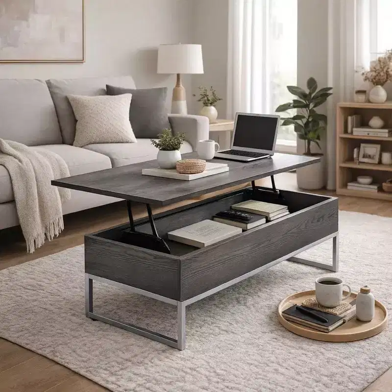Hampton Style Wooden Coffee Table with Two Lift Tops and Metal Sled Leg Support, Gray and Silver