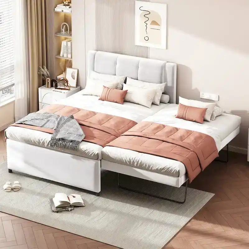 Full Size Upholstered Platform Bed with Trundle, Beige & Grey Fabric