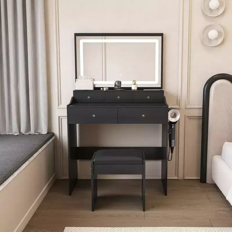 Modern Vanity Table with Large Mirror & Lights, Storage Dressing Desk with Drawers