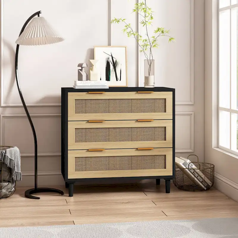 3-Drawer Rattan Storage Cabinet for Bedroom, Living Room & Dining Room