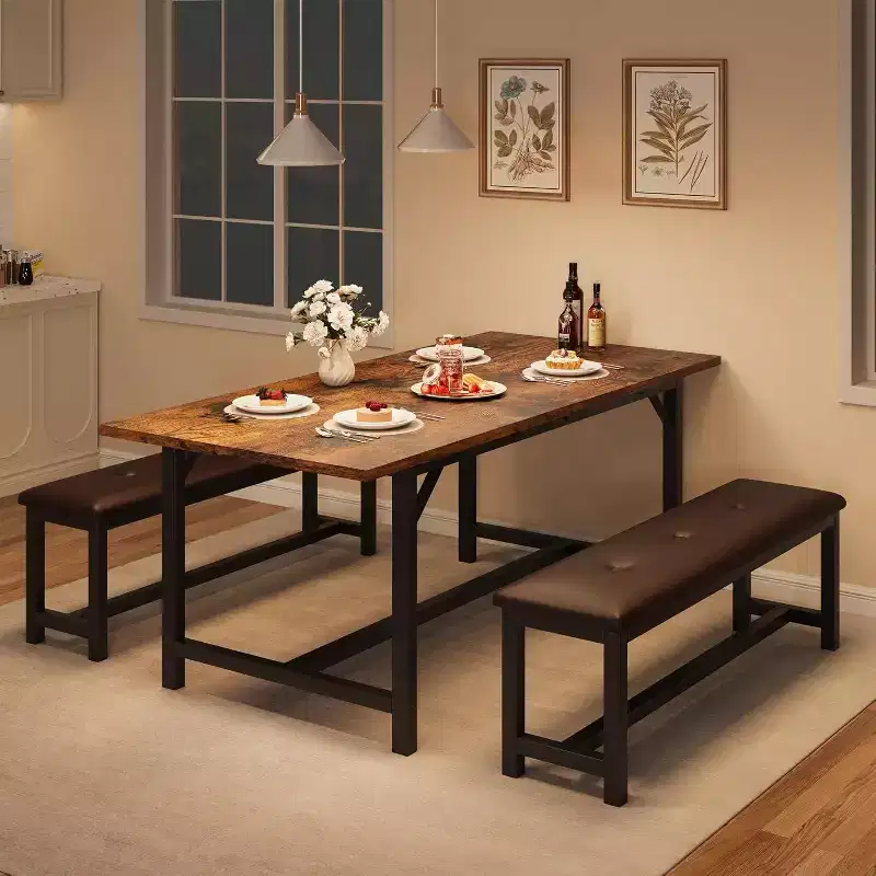 Farmhouse Extendable Dining Table for 4/6, Large Dining Table with Two Upholstered Benches, for Home, Dining Room Rustic Brown