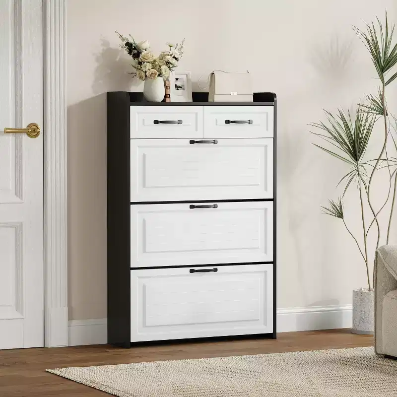 1250 Black Shoe Cabinet With 3 Doors 2 Drawers, PVC Door With Shaped PVC Doors