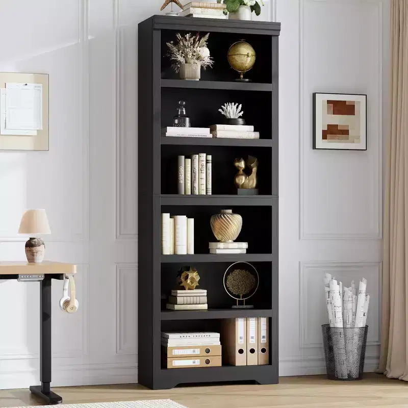 75 Farmhouse Tall Bookshelf, 6 Tier Open Bookcase with Adjustable Shelves, Anti-Tip Freestanding Display Storage Organizer for Home Office & Room