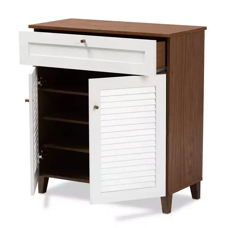 Coolidge 4 Shelf Wood Shoe Cabinet with Drawer White/Walnut - Baxton Studio