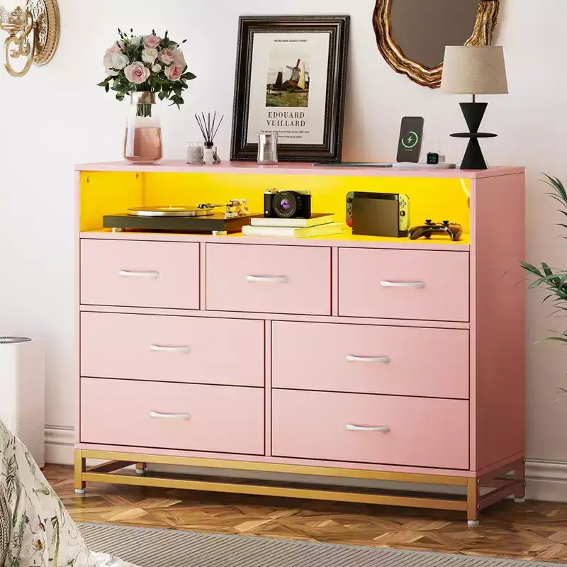 7 Drawers for Bedroom, Led Lights and Charging Station Wooden Long Dresser , Large Capacity Storage for Living Room,