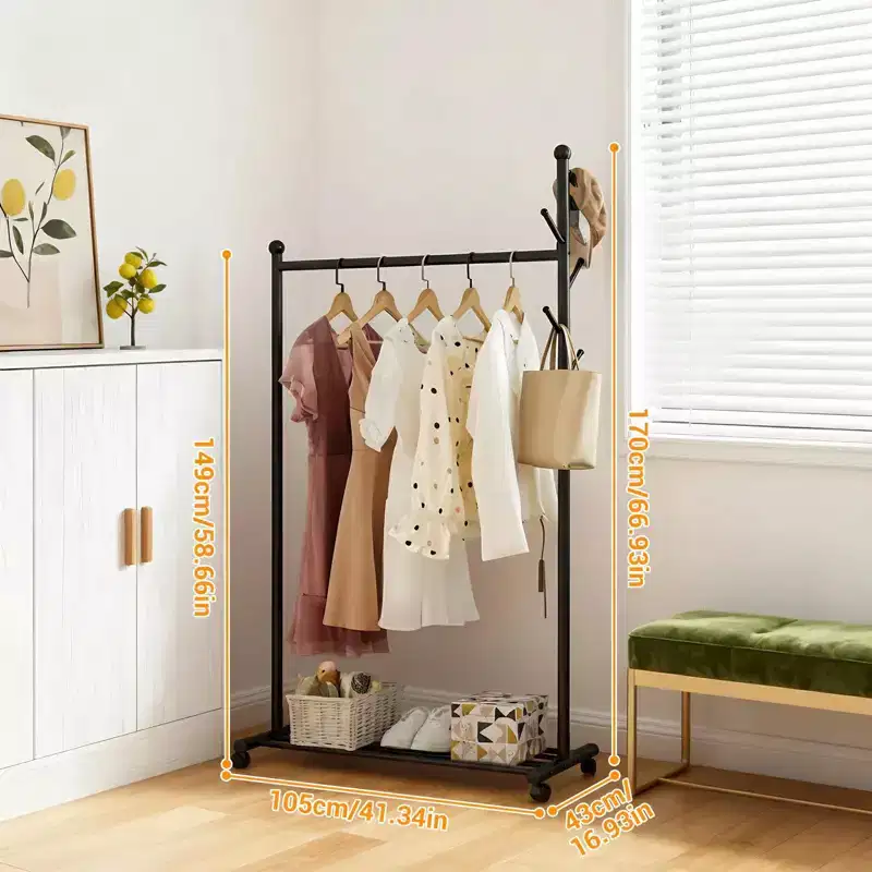 Acekool Metal Clothing Rack with Wheels, Rolling Garment Organizer with Hooks