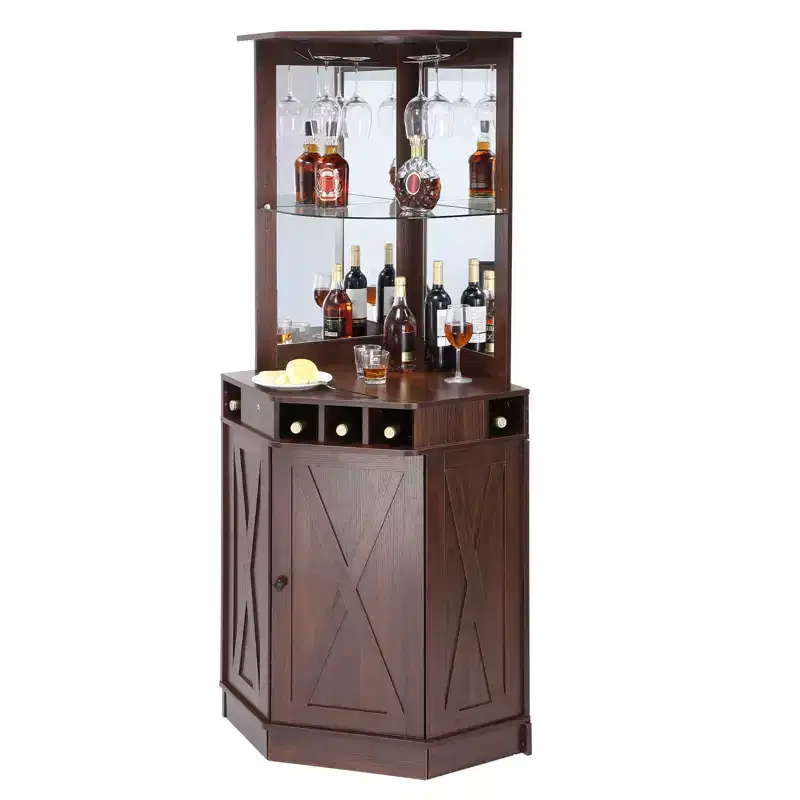 Corner Industrial Bar Cabinet, Wine Table for Liquor & Glasses, Sideboard Buffet Cabinet with Glass Holder, Black Walnut