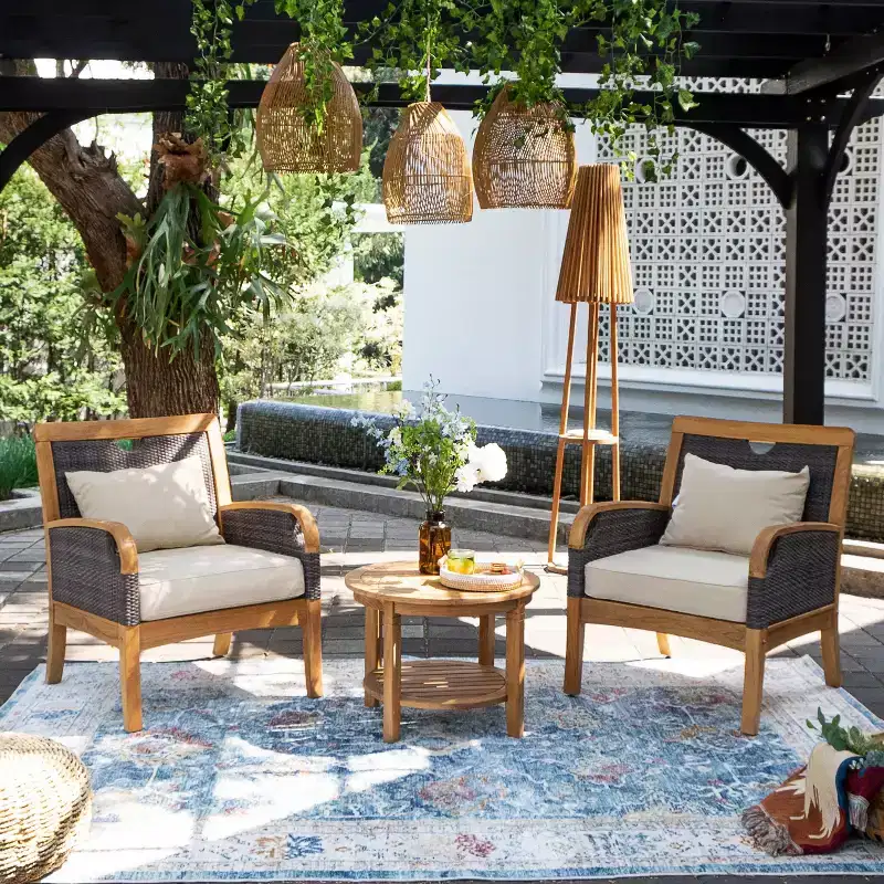 Sonoma Lane Stafford 3pc Teak Outdoor Chat Set – Weather-Resistant with Taupe Zippered Cushions and Side Table