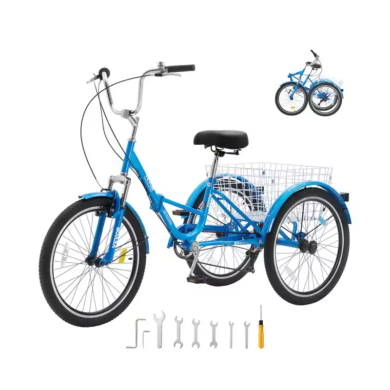 VEVOR Folding Adult Tricycle, 24-Inch 7-Speed Adult Folding Trikes, Carbon Steel 3 Wheel Cruiser Bike with Basket & Adjustable Seat
