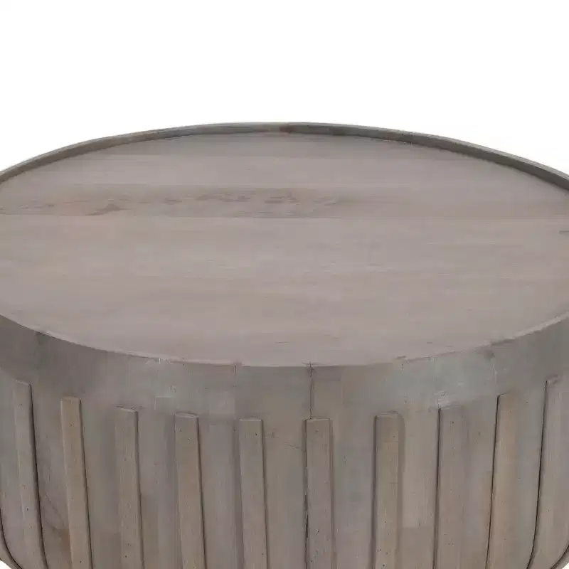 36 Inch Coffee Table, Handcrafted Drum Shape with Ribbed Edges, Mango Wood