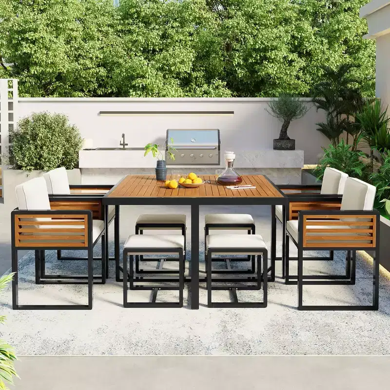 GDFStudio Donald Patio 9-Piece Acacia Wood Dining Set with Square Table, 4 Cushioned Chairs and 4 Stools