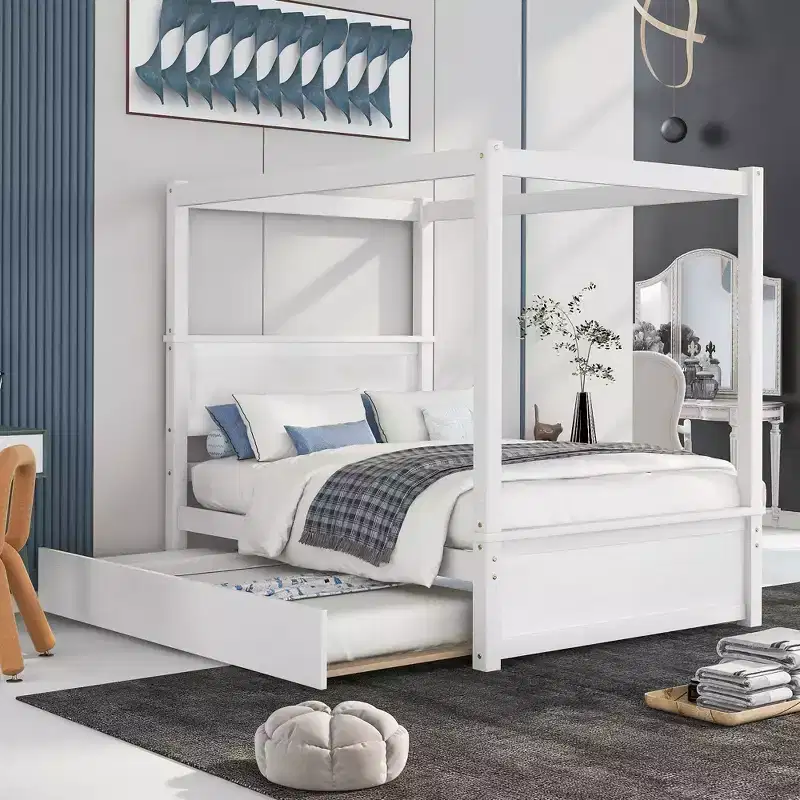 Wood Canopy Bed with Trundle Bed Full Size Canopy Platform bed With Support Slats No Box Spring Needed Brushed White