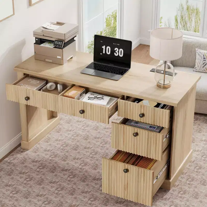 Fluted Home Office Desk Storage, 54 Modern Executive Desk with Charging Station, Wooden Computer Writing Desk with File Drawers for Study Room