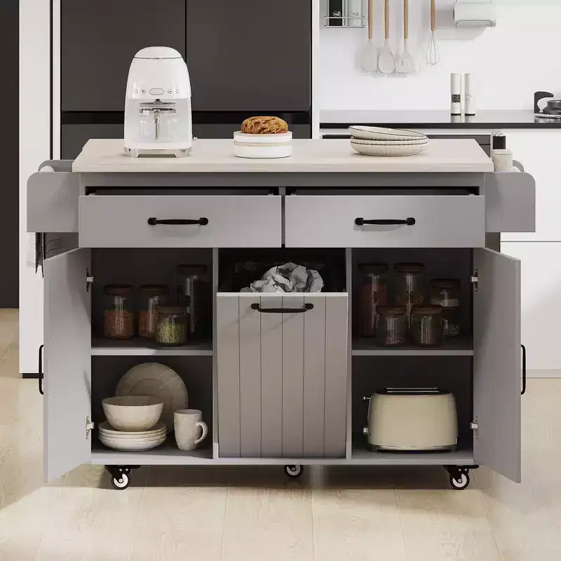 Okak Kitchen Island with Drop Leaf and Spice Rack, Kitchen Island On Wheels with Trash Cabinet, Kitchen Cart for Kitchen, Dining Room, Gray