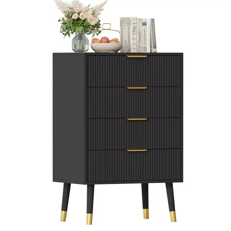 4 Storage Drawers, Fluted Chest of Drawers with Golden Legs and Handles, Bedside Table for Bedroom, Living Room,