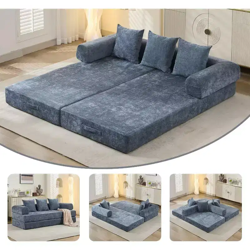 4-in-1 Convertible Sofa Bed, Floor Foldable Couch Bed with Armrests & Pillow, No Assembly Required, Comfy Memory Foam Couch, Blue