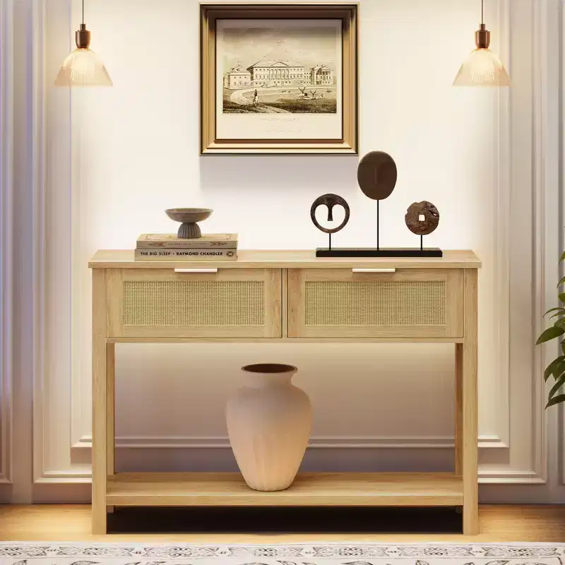 Bohemian style rattan double-drawer side table with double-layer wooden storage shelf  entryway/foyer decorative furniture, natural wood color.
