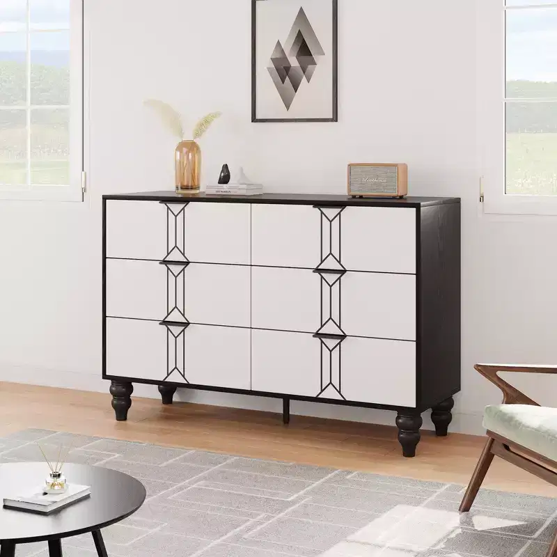 Modern Wooden 6 Drawer Dresser , Vintage Pattern Design for Bedroom, Living Room,