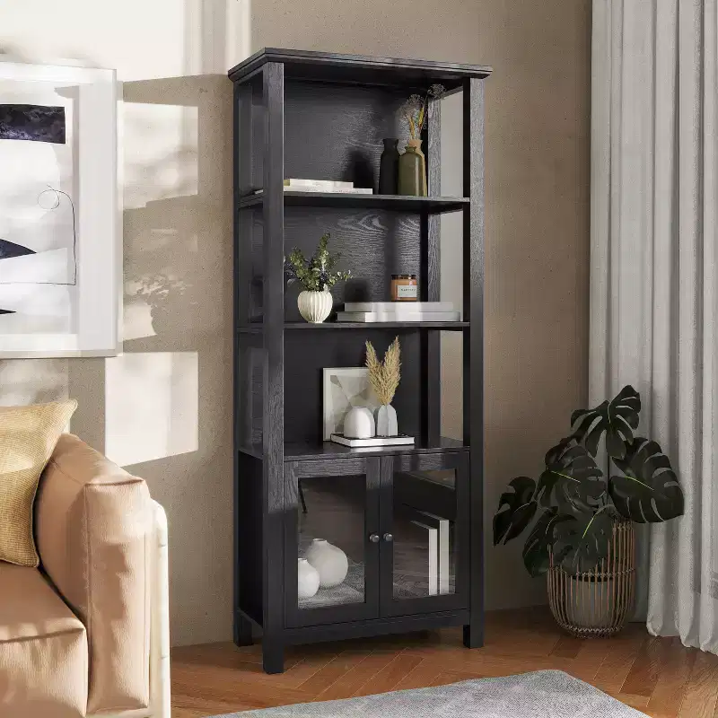 Modern Farmhouse Bookcase & Storage Cabinet | Tempered Glass Doors | 3 Shelves | 200 lb