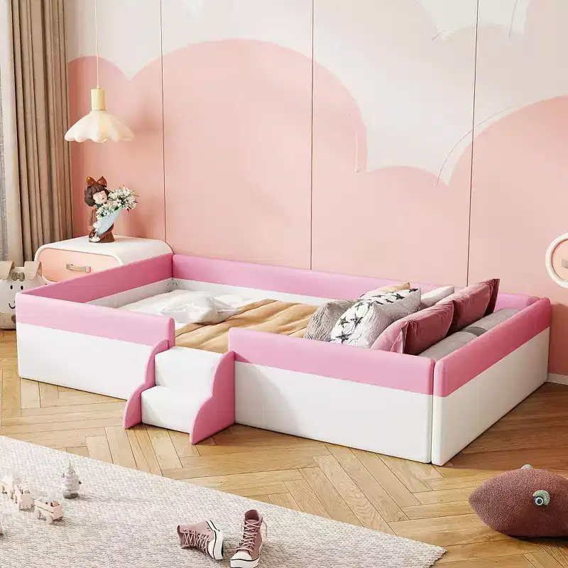 Twin/King Upholstered Daybed Frame with Fence and Stairs, Montessori Kids Floor Bed with Sturdy Slat Support, Pink+White