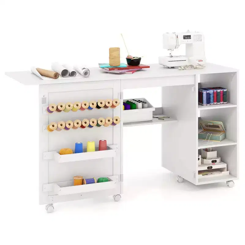Costway Folding Sewing Table with Storage Shelves 2 Storage Bins & 18 Pegs Lockable Casters