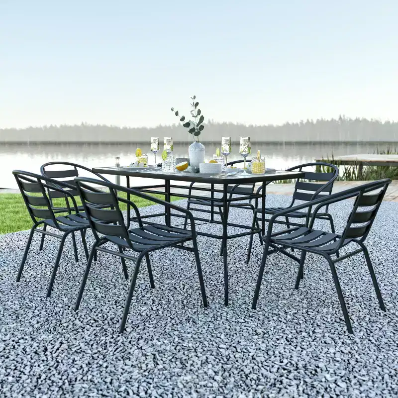 Emma and Oliver 7 Piece Patio Table & Chairs Set with 31.5x55 Rectangular Metal Table with Tempered Glass Top and 6 Black Aluminum Stacking Chairs
