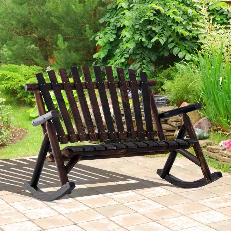 Outdoor Wooden Rocking Chair, Double-Person Rustic Adirondack Rocker with Slatted Seat, High Backrest, Armrests for Patio, Garden and Porch