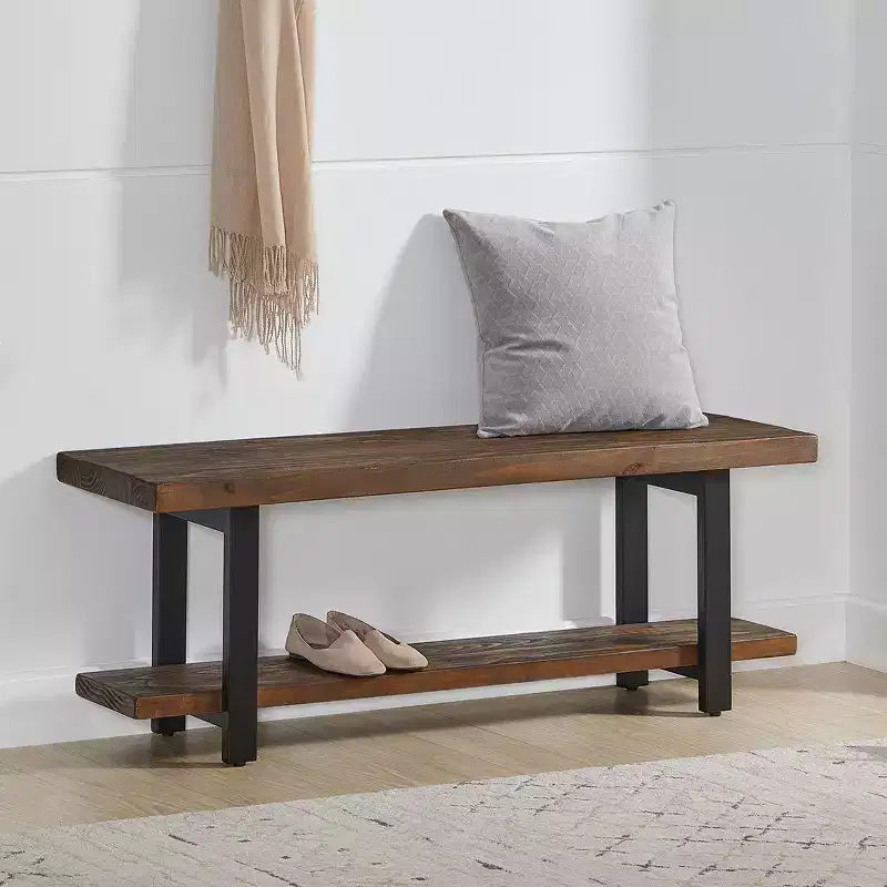 48" Pomona Solid Wood & Metal Entryway Bench Brown - Alaterre Furniture: Rustic Storage, Shelving, 2-Seater, 150 lb Capacity