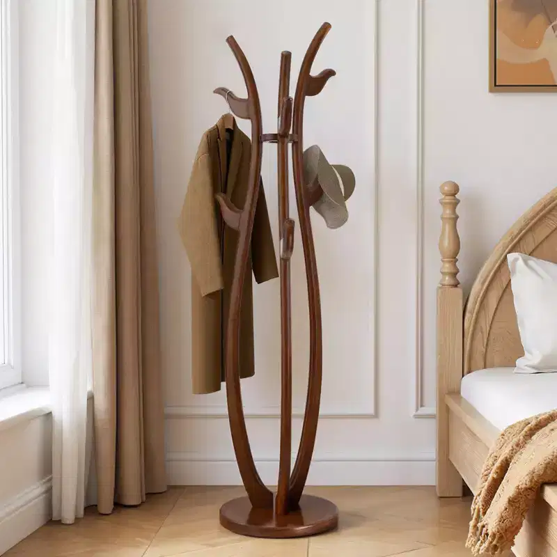 S-Shaped Freestanding Coat Rack, Solid Wood Coat Tree with 6 Hooks and Round Base