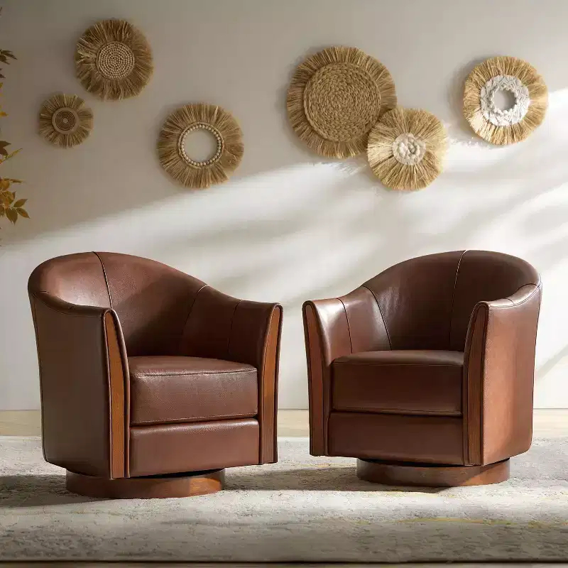 Pocono Transitional Genuine Leather Swivel Barrel Chair With Solid Wood Base Set of 2Artful Living Design