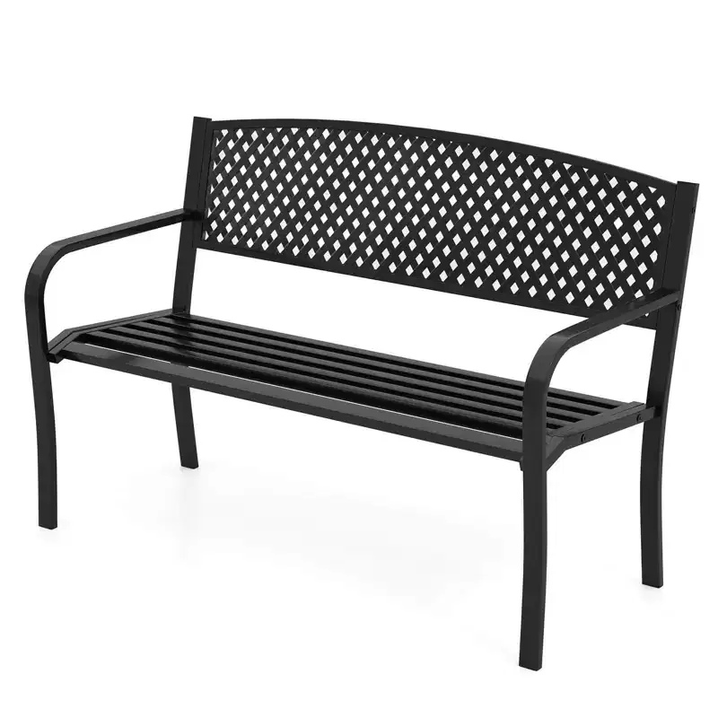 Costway 50 Inches Garden Bench Outdoor Bench with Patterned Backrest and Curved Armrests