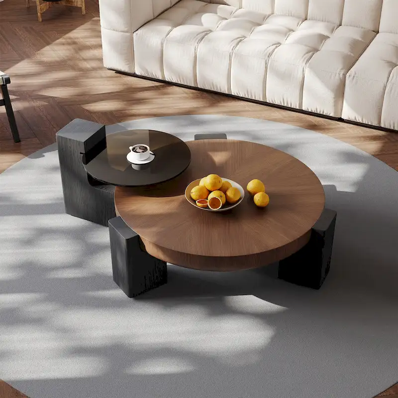37 Modern Round Nesting Coffee Table, Mid Century Wood Coffee Table, Brown & Black Solid Wood Veneer