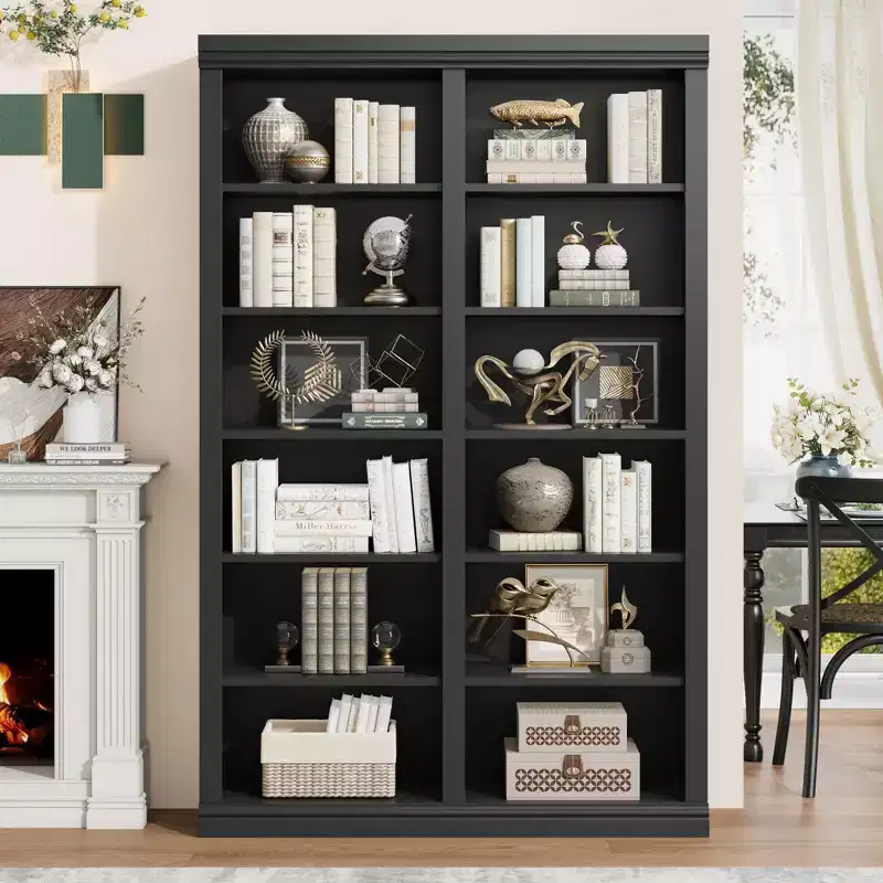 74.5 Tall Bookshelf with Double Storage, Extra Large Bookshelf, 6-Tier Double Wide Bookshelves w/ 12 Cubbies, Wide Freestanding Bookcases